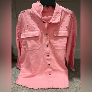 Women's Pink Distressed Pearl-Accent Button-Up Jacket